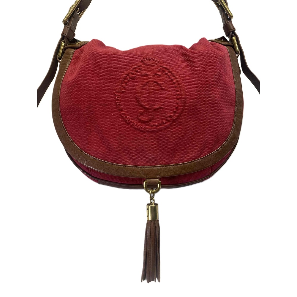 Juicy Couture Y2K Red Canvas Deboss Shoulder Flap Bag Brown Trim Tassel Detail‎